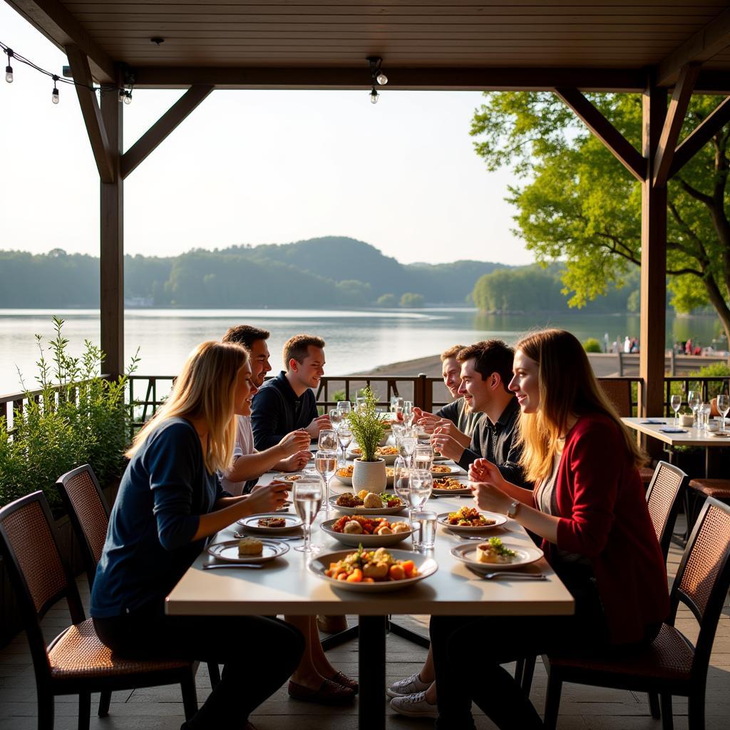 Familienfeier auf der Terrasse eines Restaurants am Rhein in Leverkusen