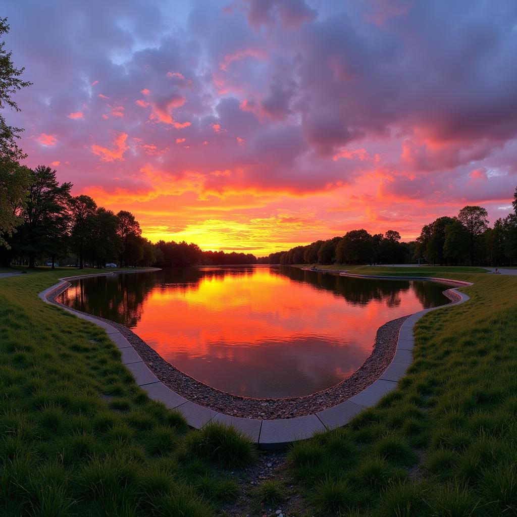 Panoramablick auf den Sonnenuntergang in Leverkusen vom Neulandpark: Ein unvergesslicher Anblick.