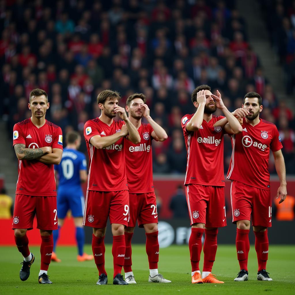 Enttäuschte Leverkusen Spieler nach dem Spiel gegen Barcelona