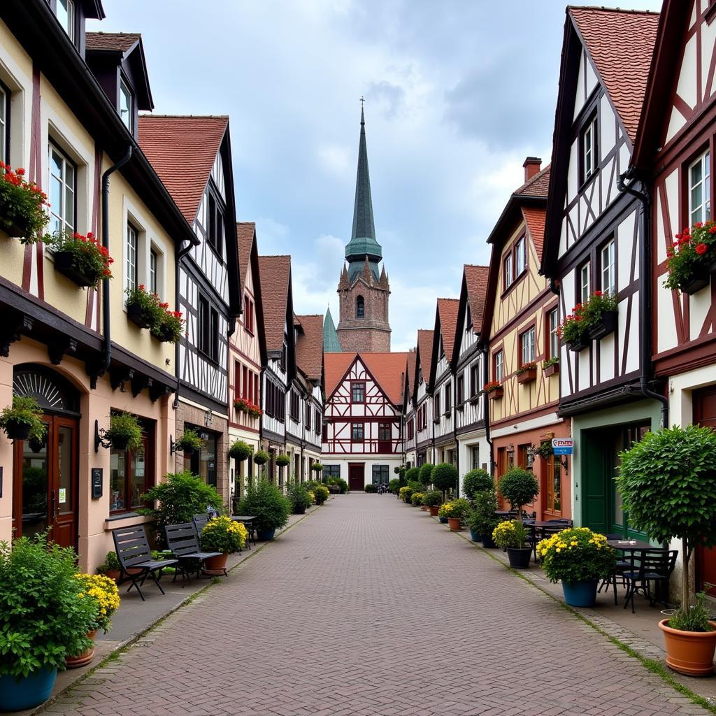 Leverkusen Stadtteil Opladen: Blick auf den historischen Marktplatz mit Fachwerkhäusern und der Kirche im Hintergrund.