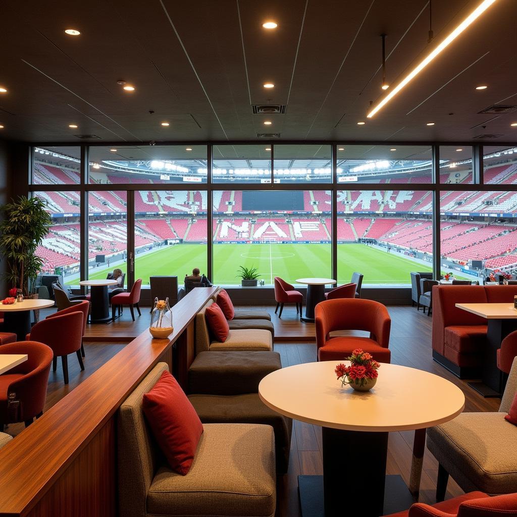 Einblick in die VIP-Lounge der BayArena mit komfortablen Sitzgelegenheiten und moderner Ausstattung.