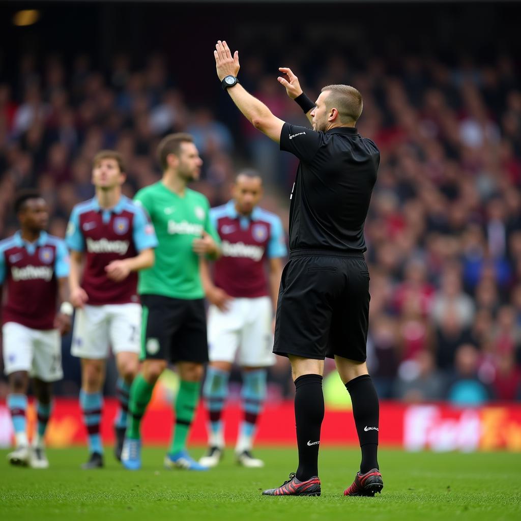 Szenenbild eines Schiedsrichters bei einem Fussballspiel zwischen Leverkusen und West Ham.