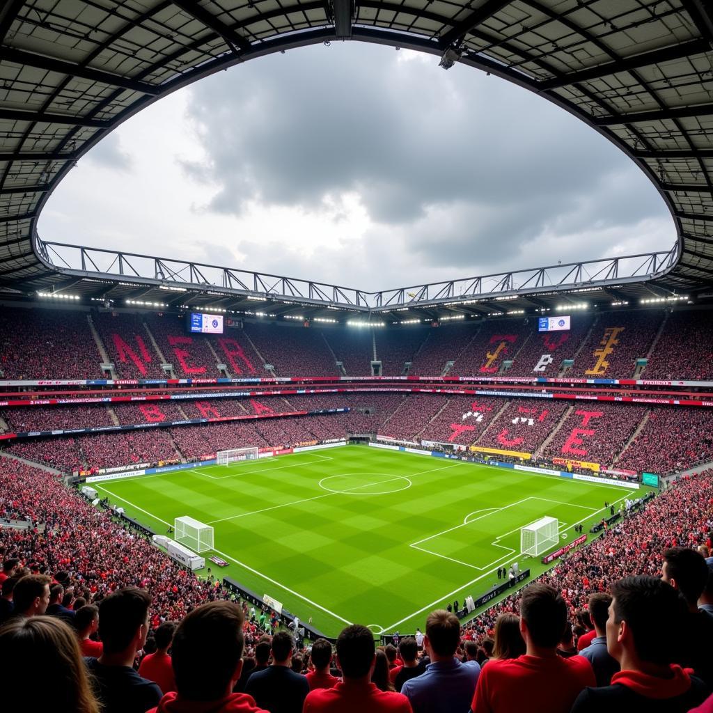 Liveticker Leverkusen Bayern: Fans von Bayer Leverkusen und Bayern München im Stadion.