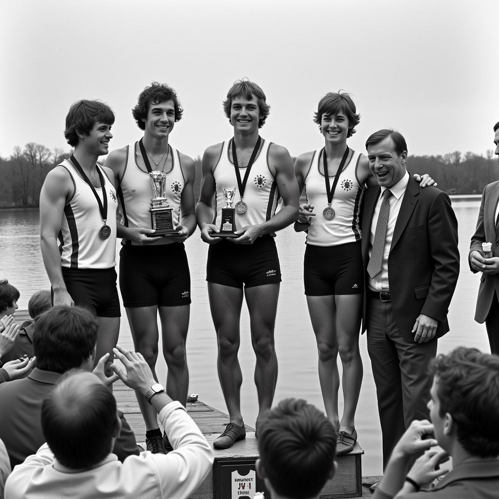 Siegerehrung des Marathonruderns Düsseldorf-Leverkusen 1977