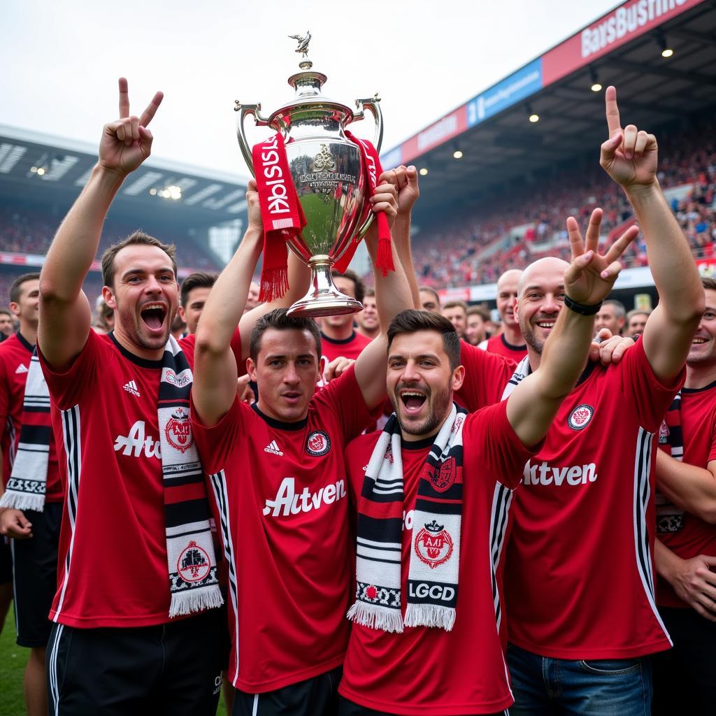 Feiernde Leverkusen-Fans mit einer Meisterschale