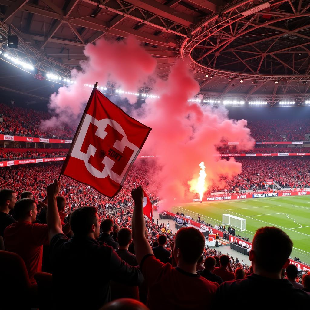 Die leidenschaftlichen Fans der Nordkurve 12 in der BayArena feuern Bayer 04 Leverkusen an.