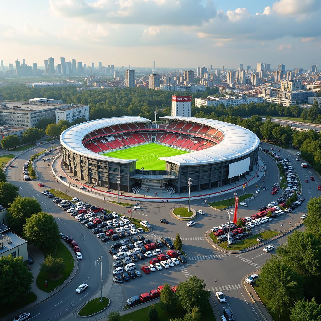 Parkplatzsituation an der BayArena bei einem Fußballspiel