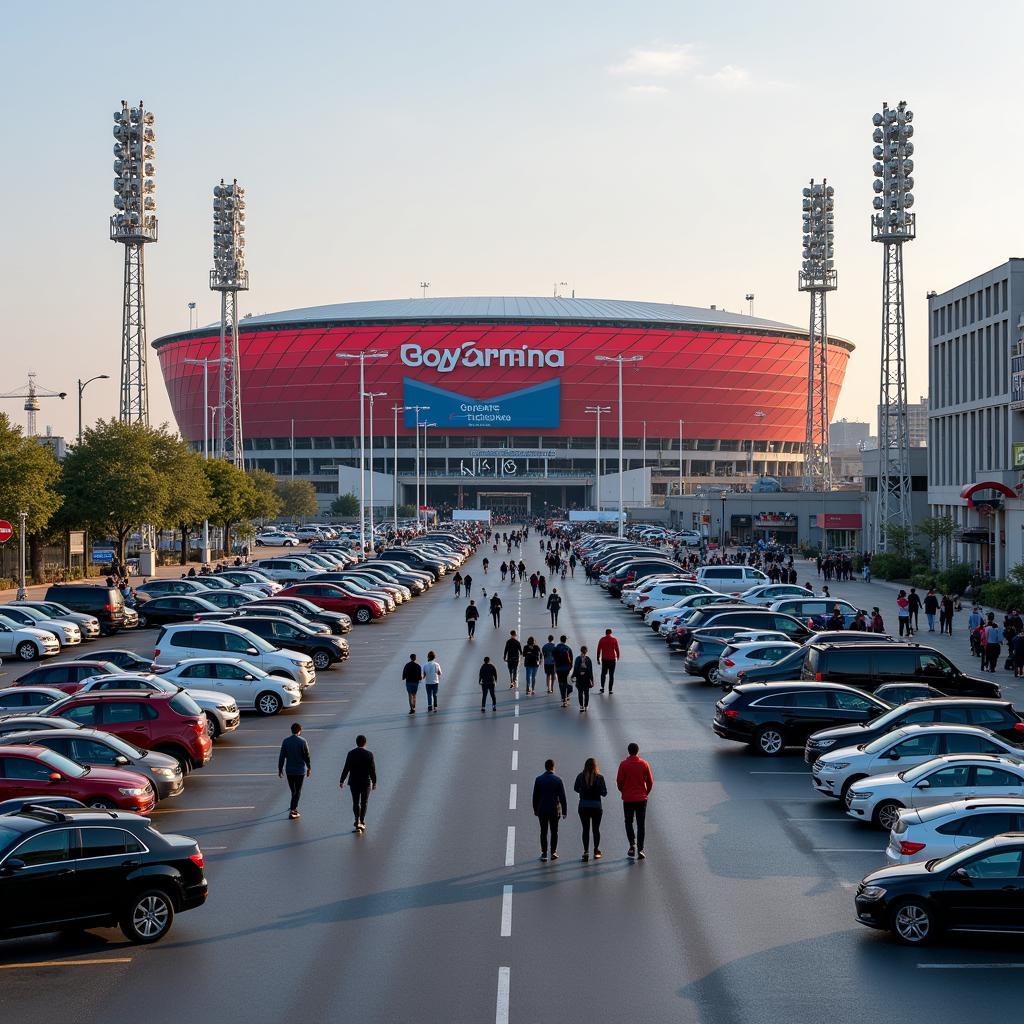 Parkplatzsituation an der BayArena bei einem Heimspiel von Bayer 04 Leverkusen.