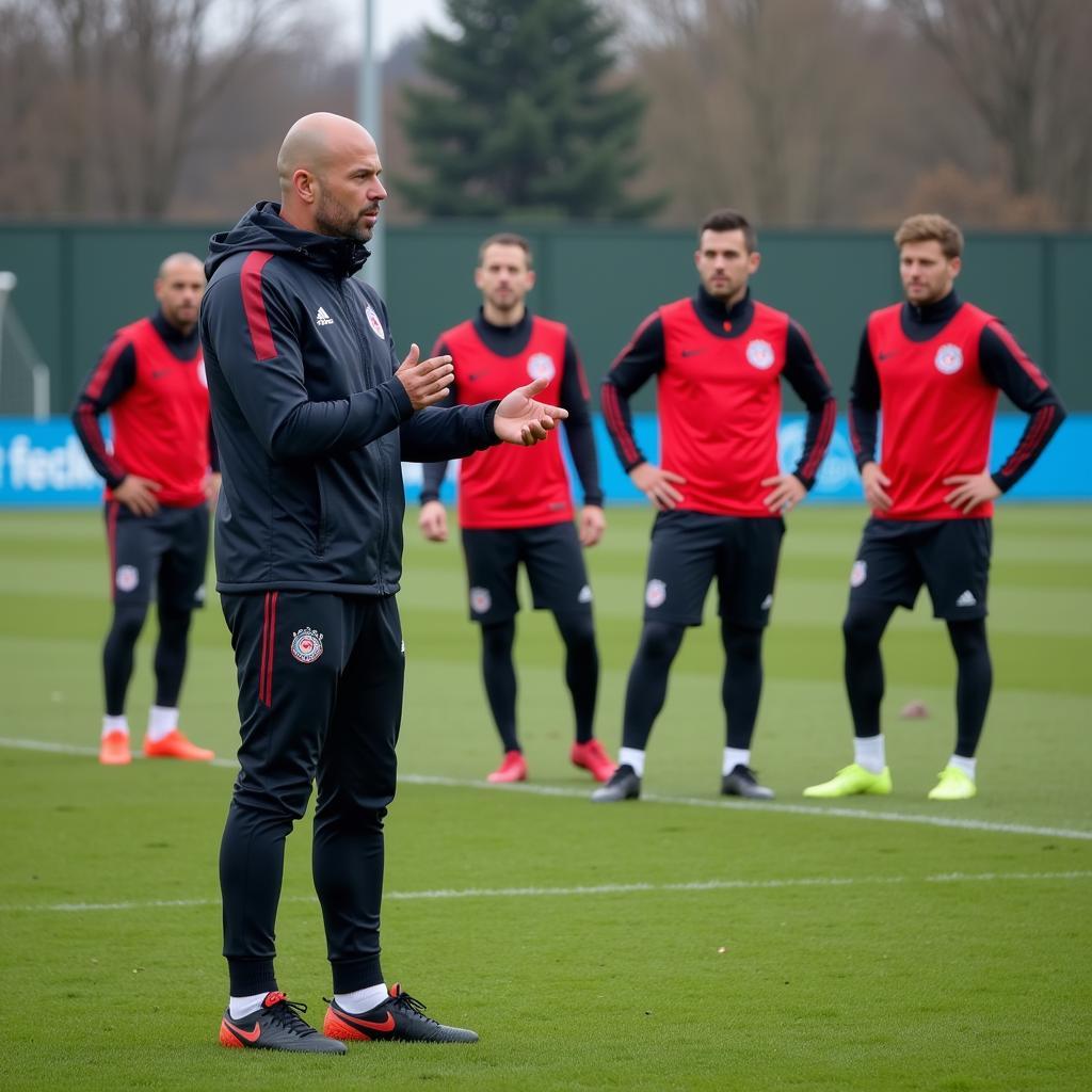 Peter Bosz leitet ein Training bei Bayer 04 Leverkusen