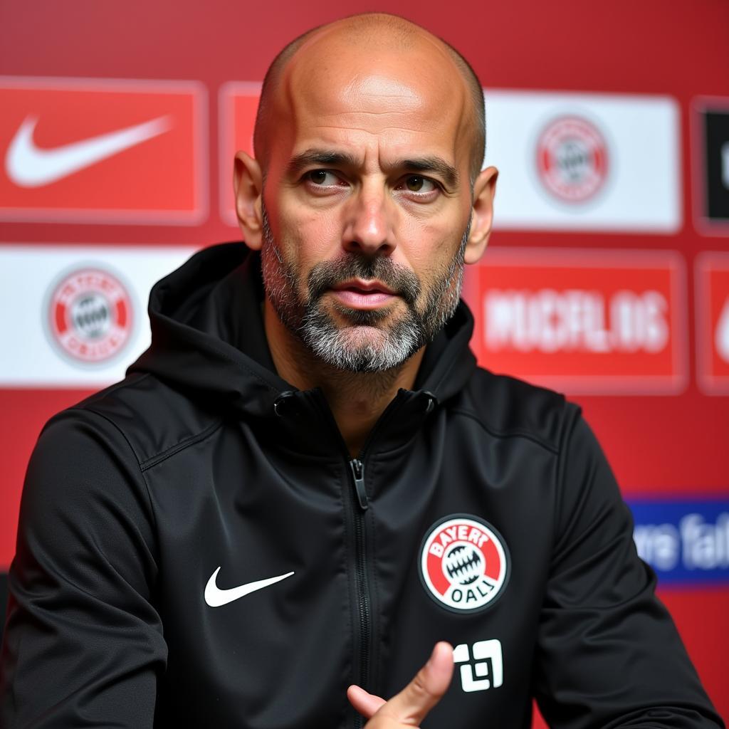 Peter Bosz in einer Pressekonferenz bei Bayer 04 Leverkusen