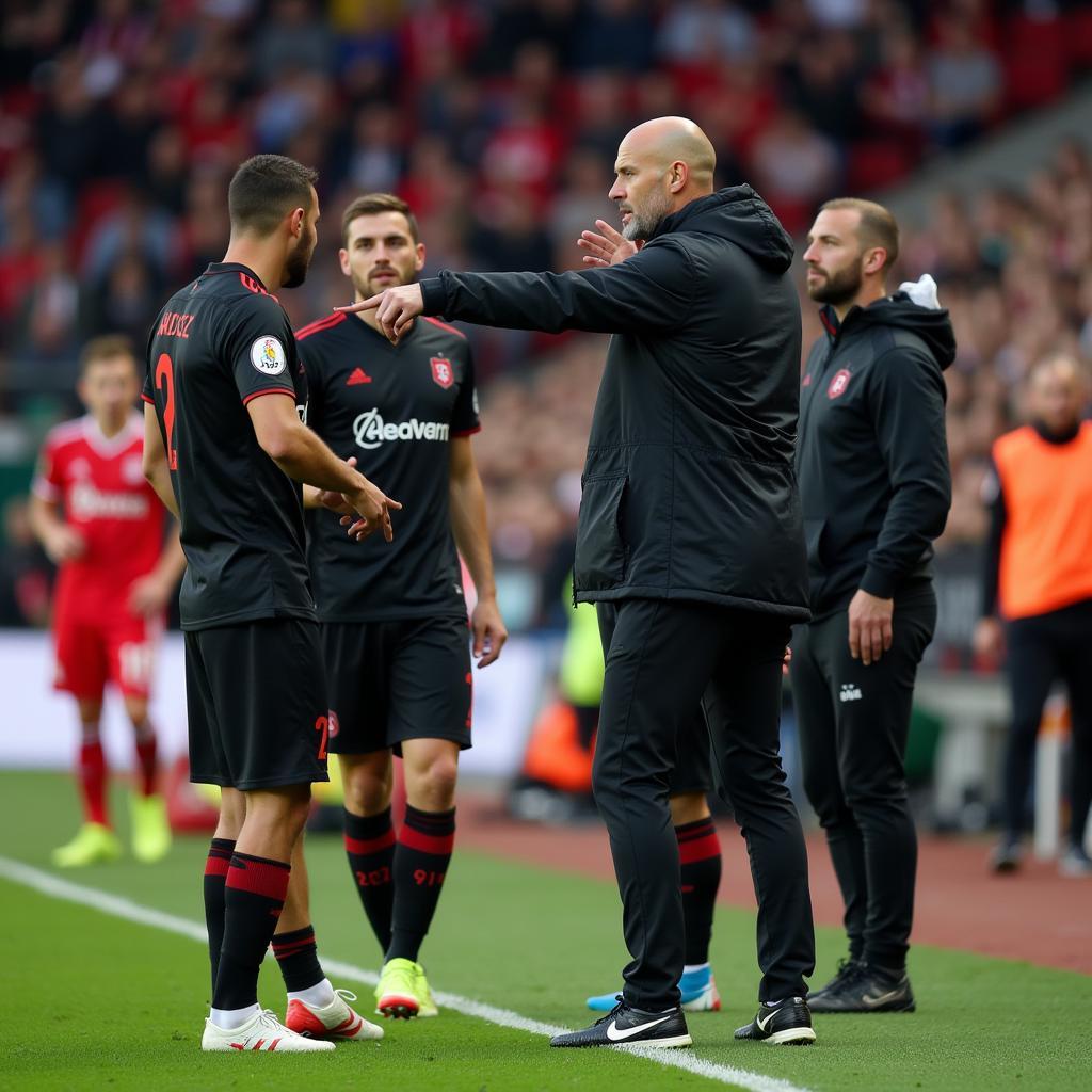 Peter Bosz gibt taktische Anweisungen an Bayer 04 Leverkusen Spieler