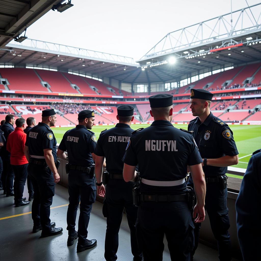 Polizeipräsenz im Stadion BayArena für die Sicherheit der Fans.