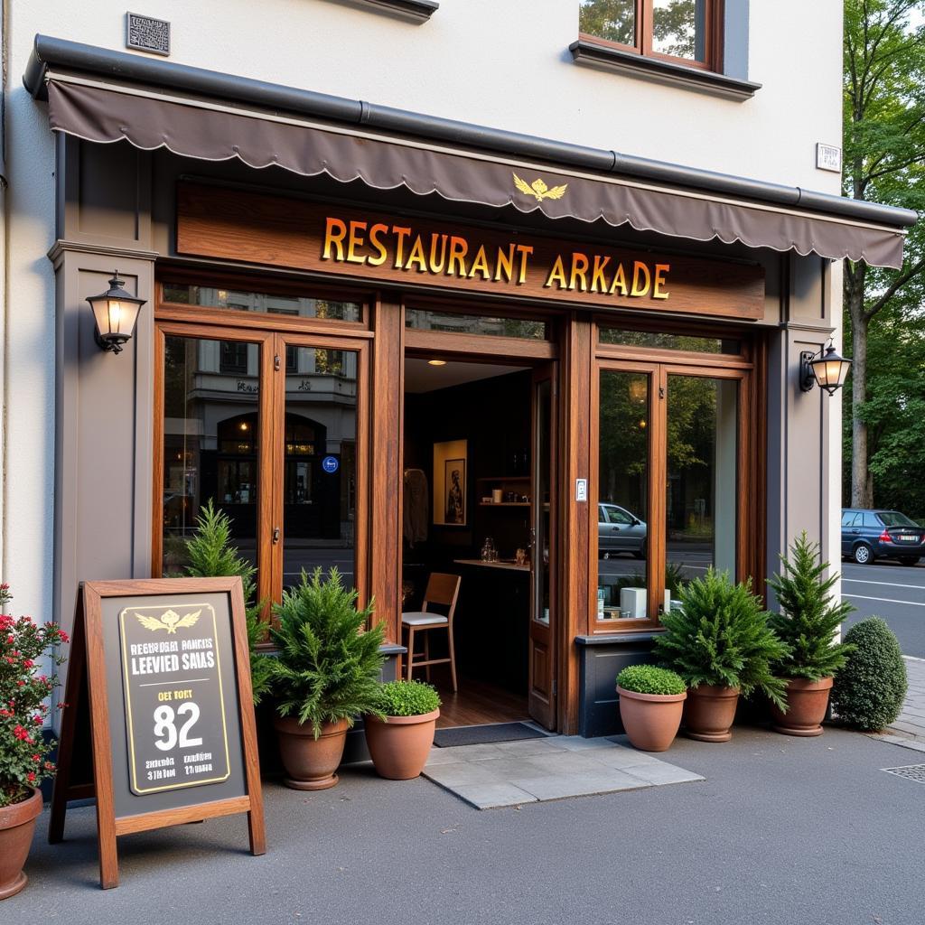 Restaurant Arkade Leverkusen: Außenansicht mit Blick auf den Eingang und die Öffnungszeiten.