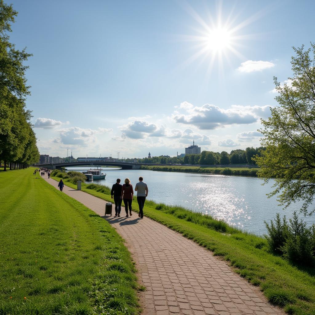 Entspannter Spaziergang am Rhein in Leverkusen