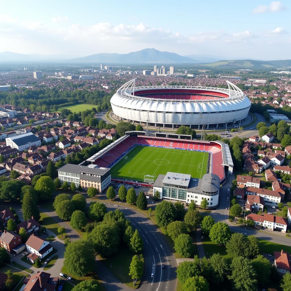 Der Stadtteil Schlebusch in Leverkusen mit Blick auf die BayArena.