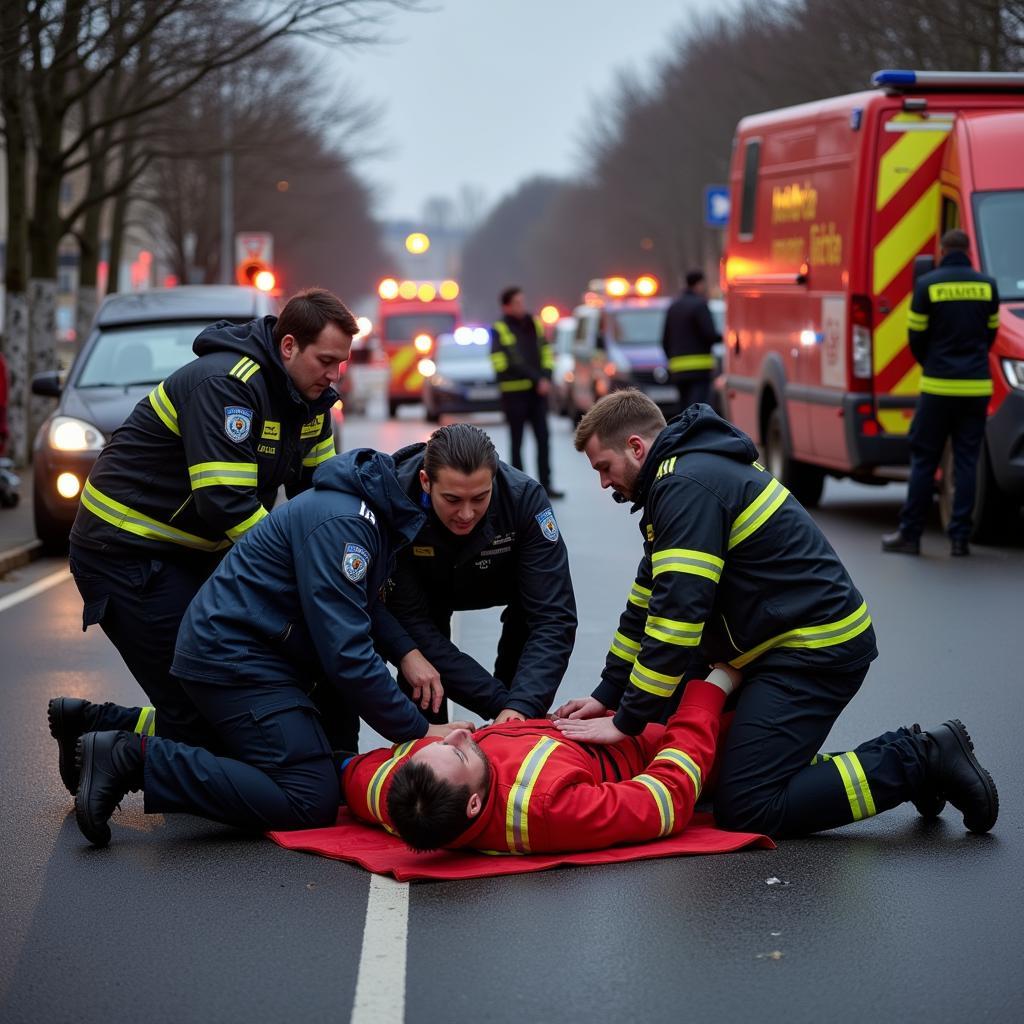 Ersthelfer leisten Erste Hilfe am Unfallort in Leverkusen