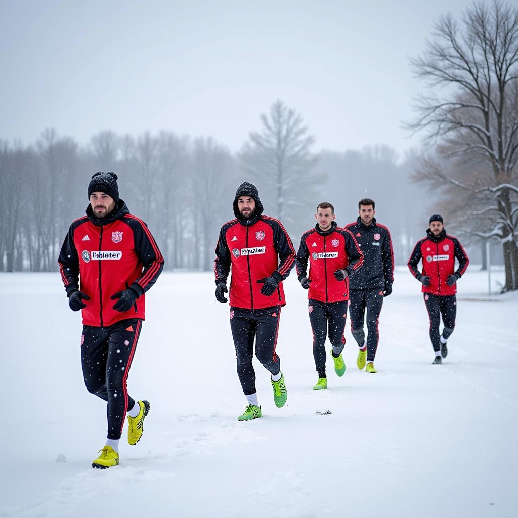 Spieler trainieren bei Schnee in Leverkusen