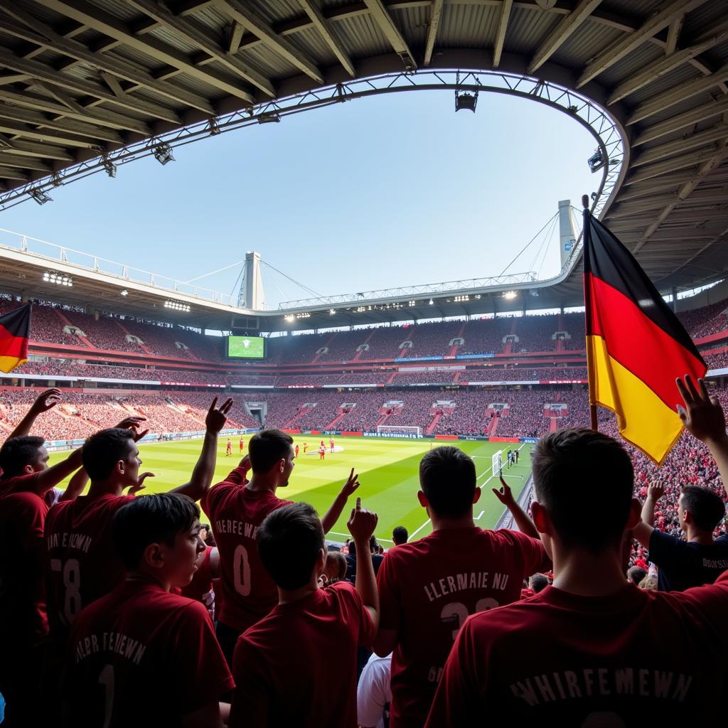 Jubelnde Fans in der BayArena nach einem Tor von Bayer 04 Leverkusen