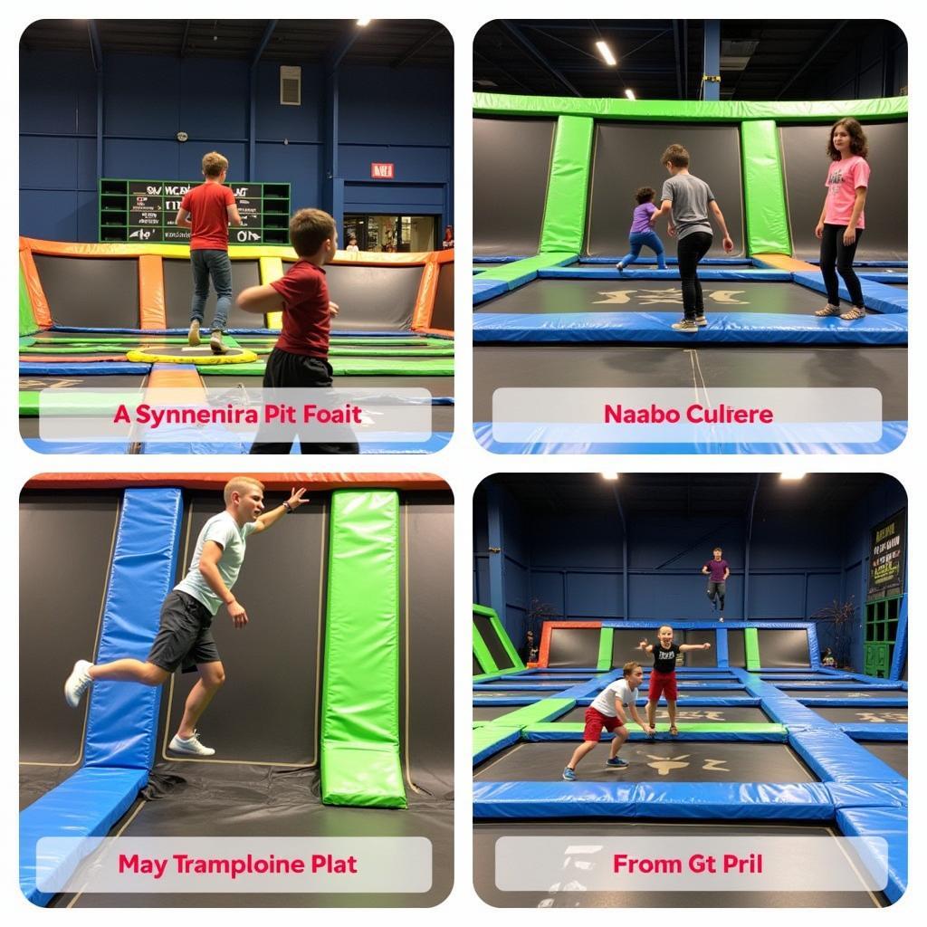 Verschiedene Aktivitäten im Trampolinpark: Trampoline, Ninja-Parcours, Schaumstoffgrube