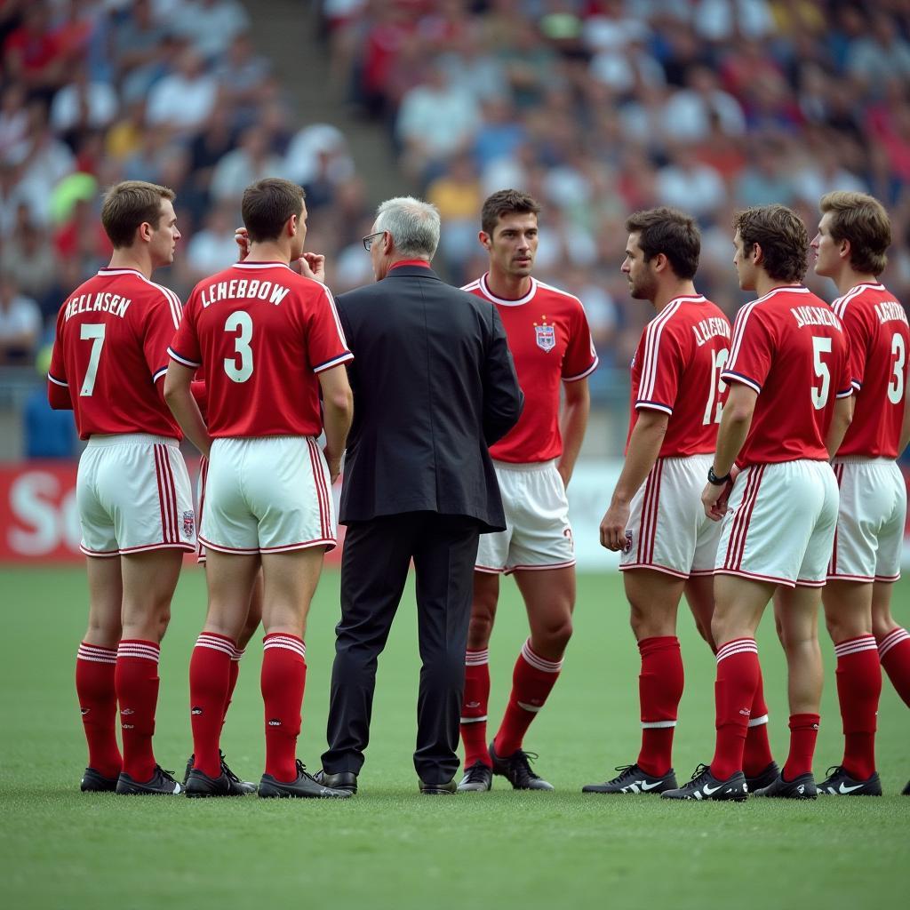 UEFA Pokal Leverkusen 1988: Trainer Erich Ribbeck in der Taktikbesprechung mit der Mannschaft