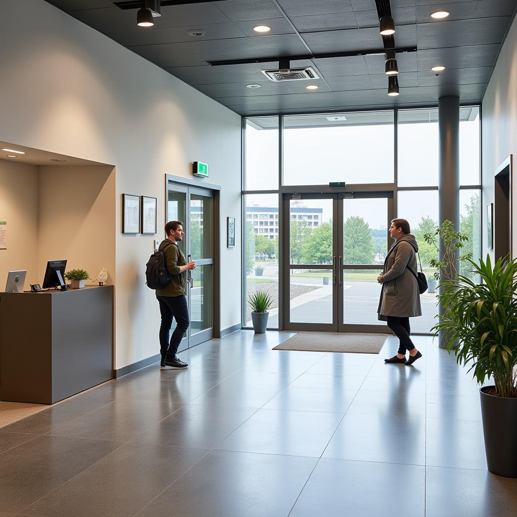 Der Haupteingang der Uniklinik Leverkusen mit freundlichem Empfangspersonal