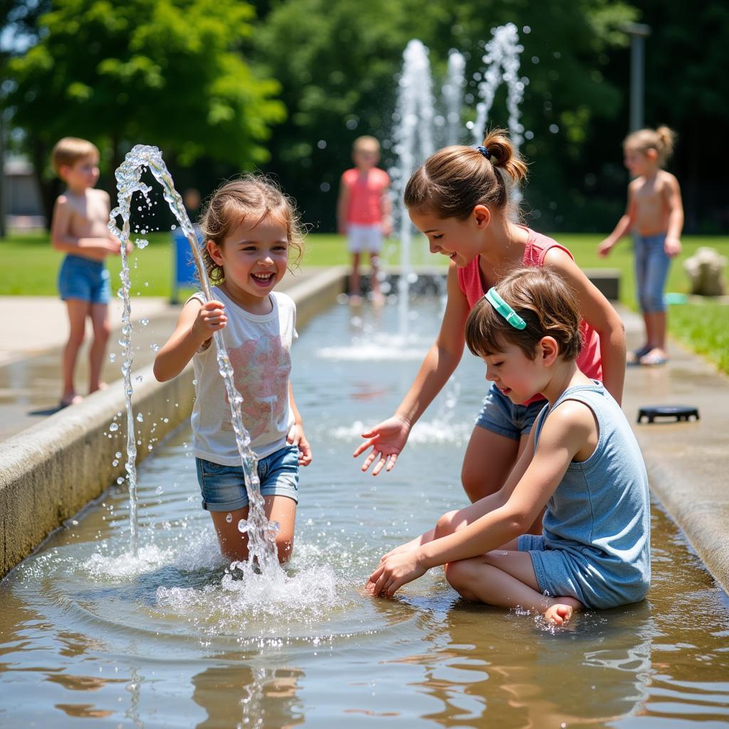 Kinder erfrischen sich am Wasserspielplatz in Leverkusen an einem sonnigen Tag