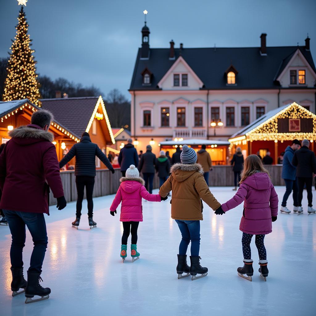 Eisbahn und Familien auf dem Weihnachtsmarkt Leverkusen Wiesdorf