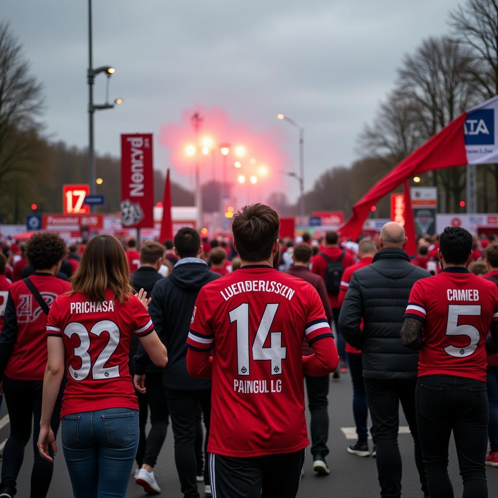 Fans am Wiesdorf Leverkusen Mitte Bahnhof auf dem Weg zum Stadion