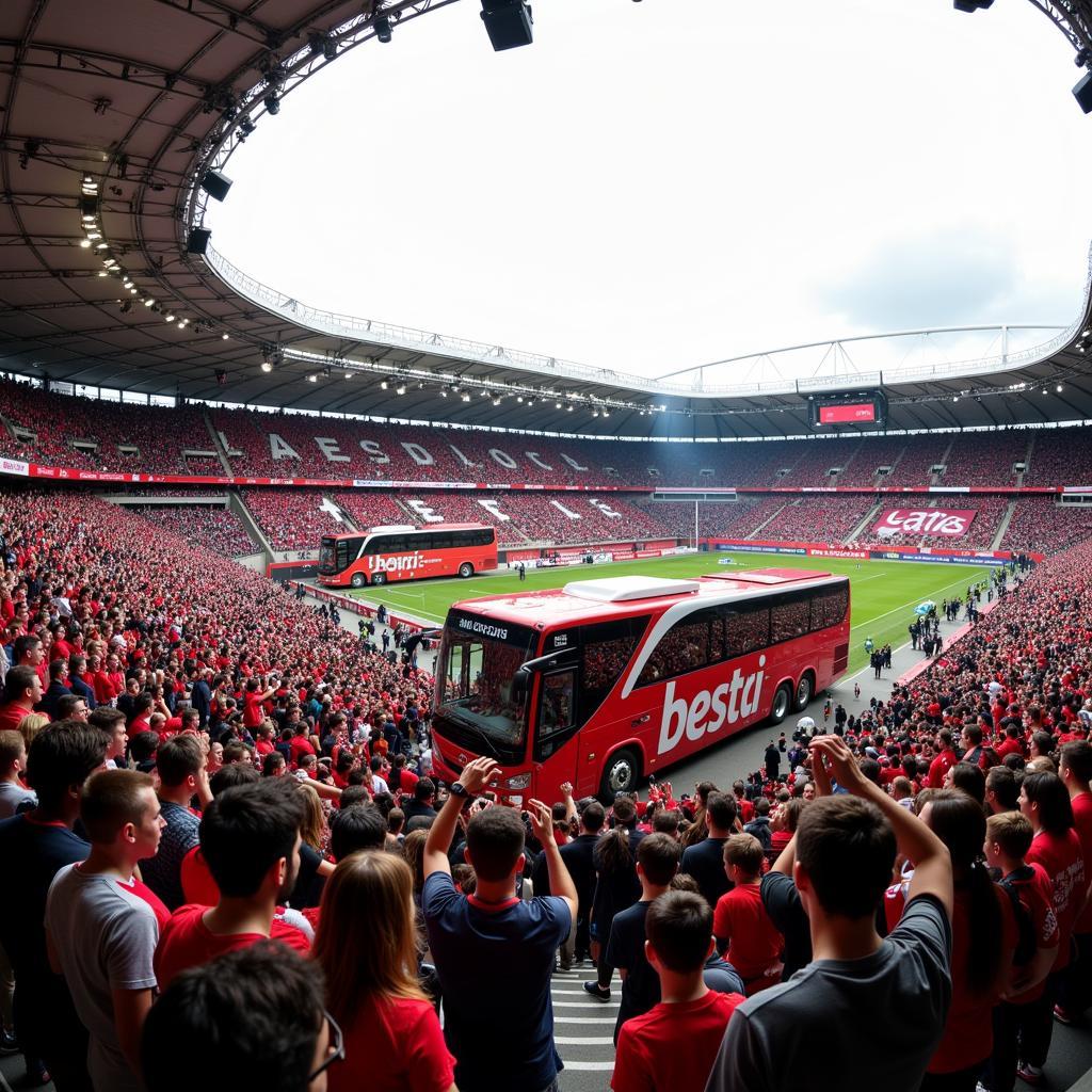 Fans strömen zur BayArena, dem Stadion von Bayer 04 Leverkusen.  Im Hintergrund sind Wupsi-Busse zu sehen, die Sonderfahrten zum Stadion anbieten.