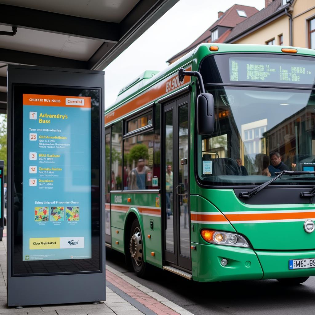 Wupsi-Bus an einer Haltestelle in Leverkusen. Der Fahrplan ist deutlich sichtbar.