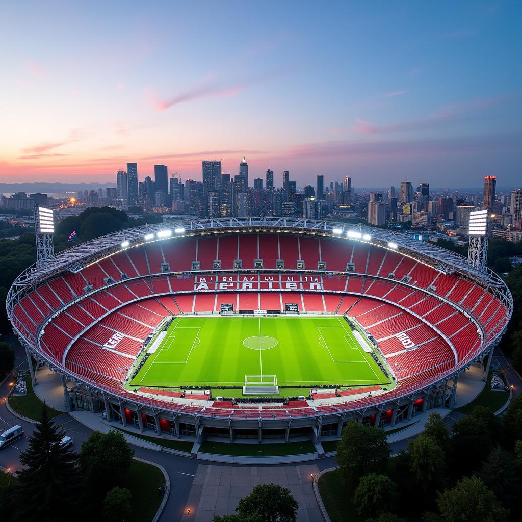 Das Stadion von Bayer 04 Leverkusen mit Blick auf die Stadt