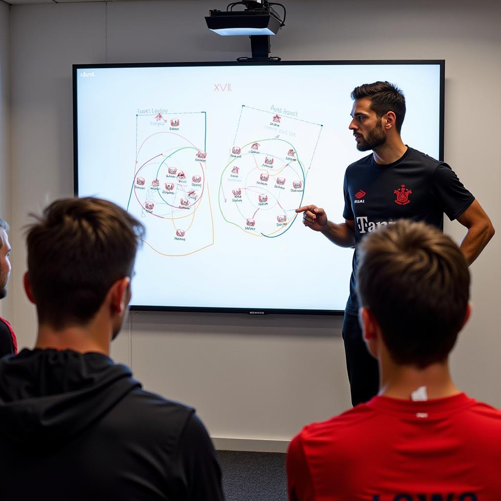 Xabi Alonso erklärt seinen Spielern von Bayer Leverkusen die Taktik anhand eines Whiteboards.