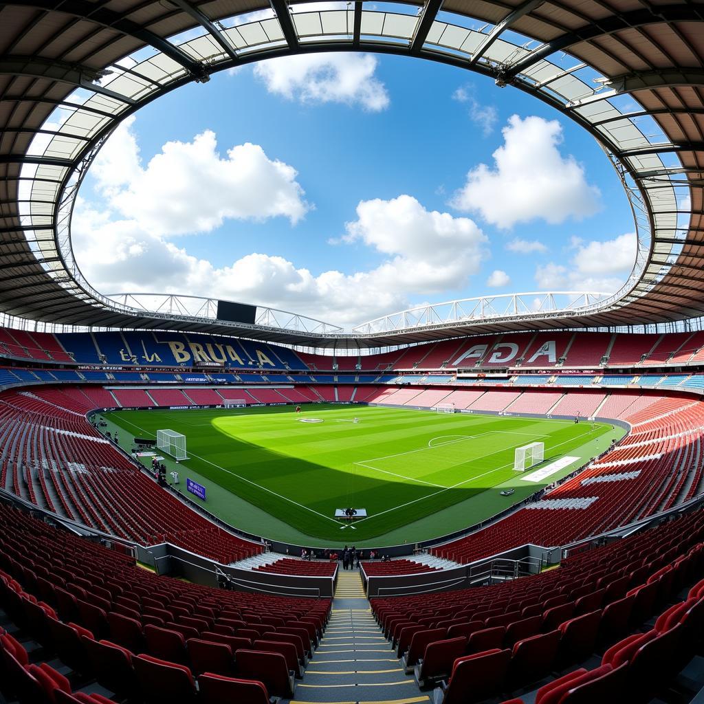 Innenansicht der BayArena mit Fokus auf das Spielfeld