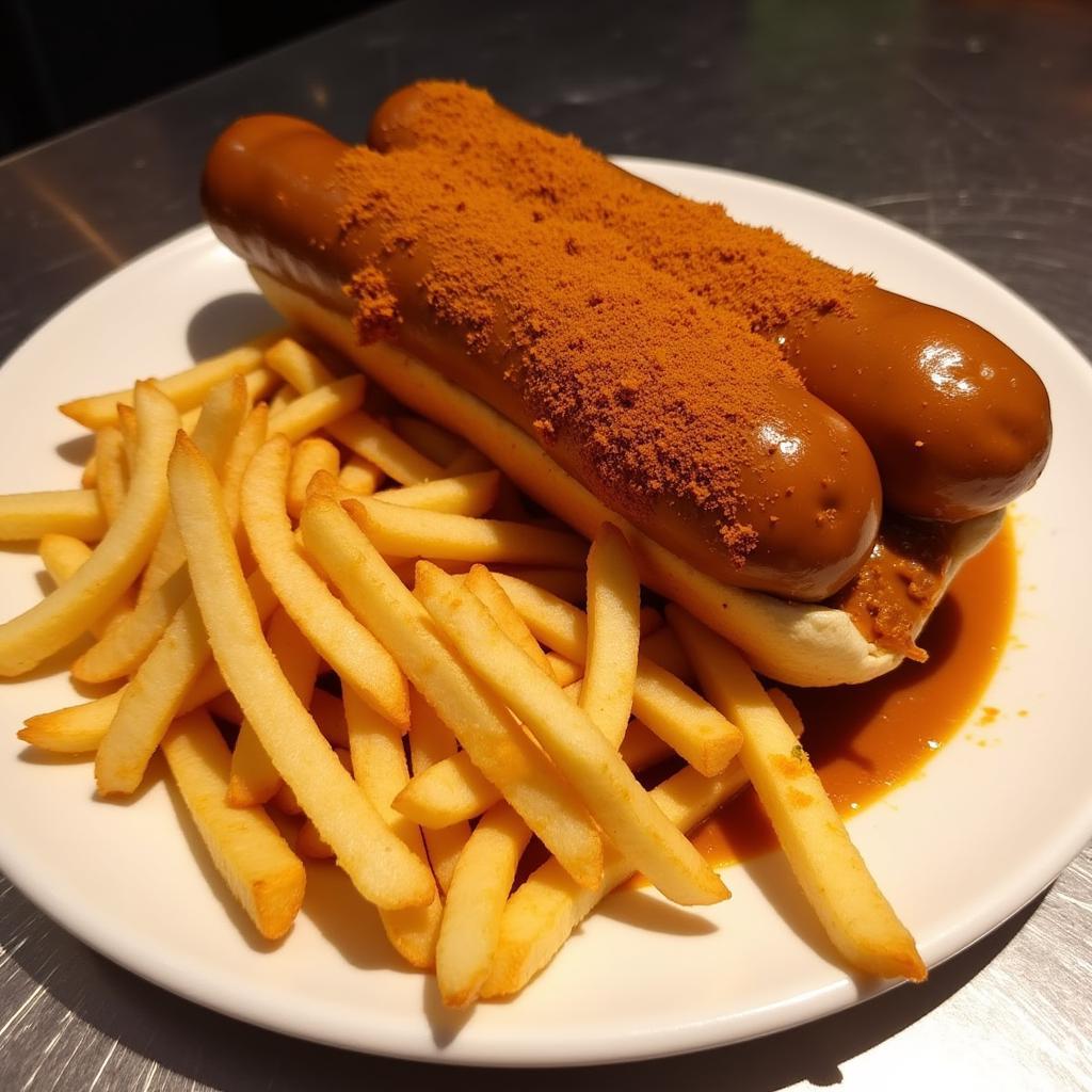 Currywurst und Pommes im 701 Imbiss Leverkusen