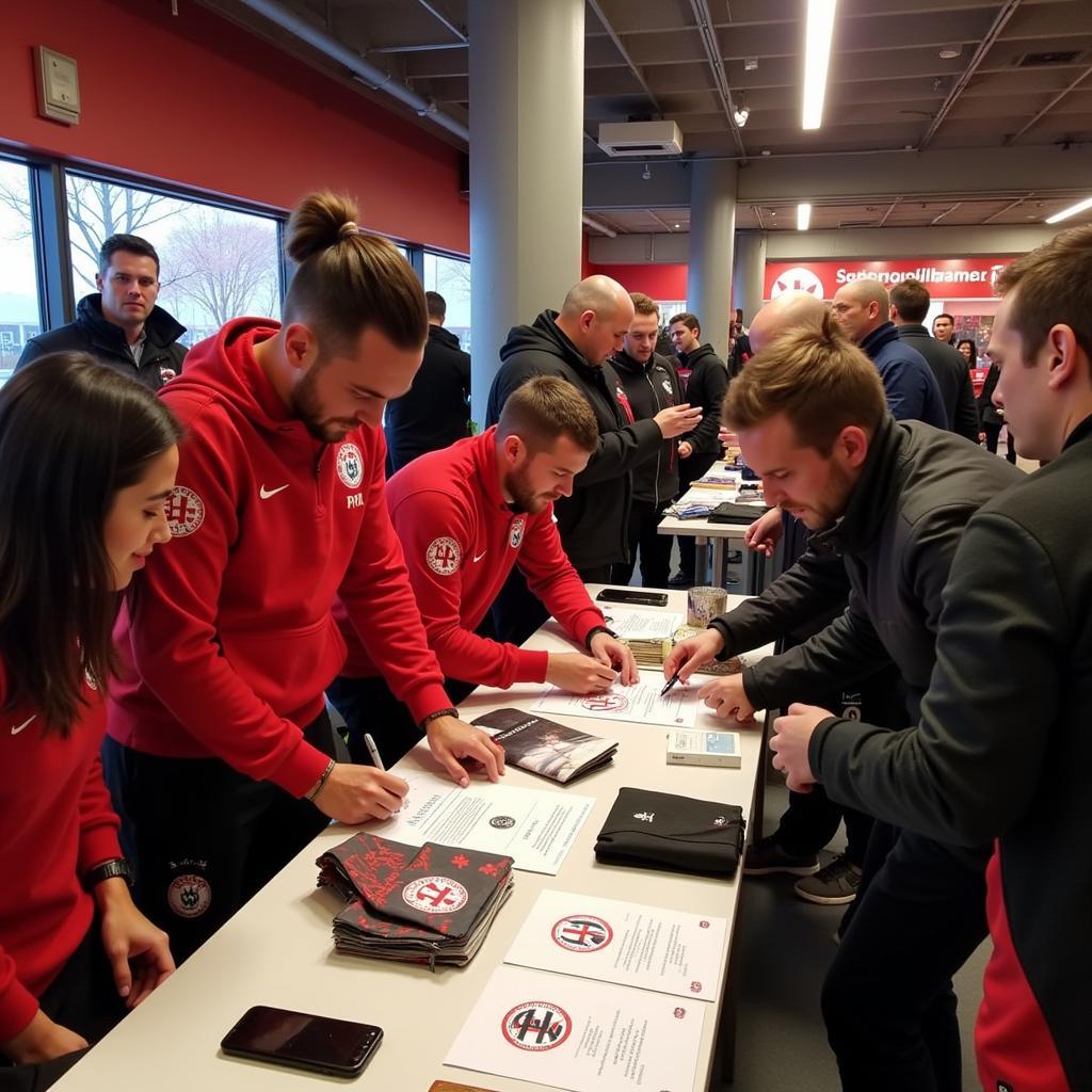 Spieler geben Autogramme im Schalander Leverkusen