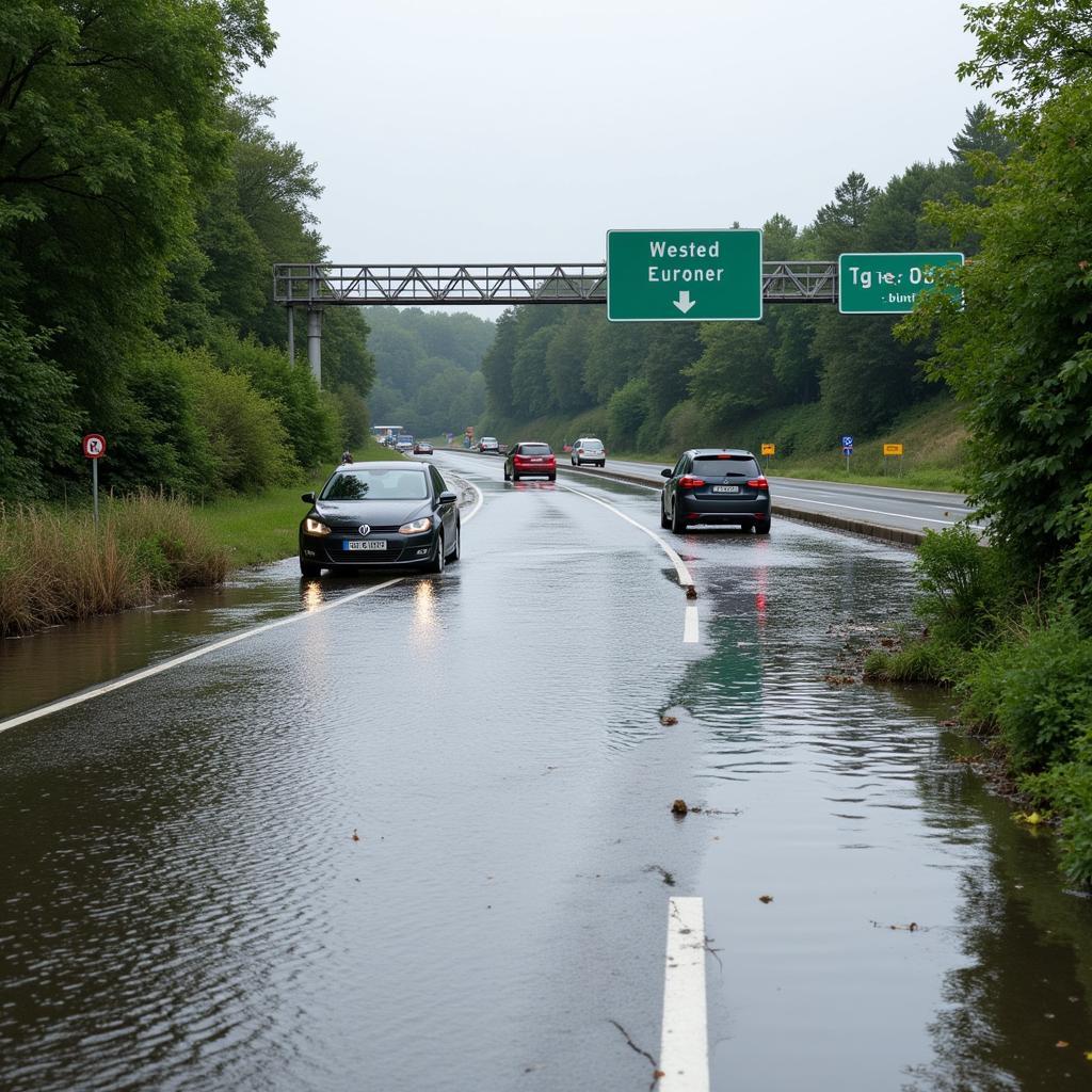 Überschwemmte Autobahn A1 in Leverkusen