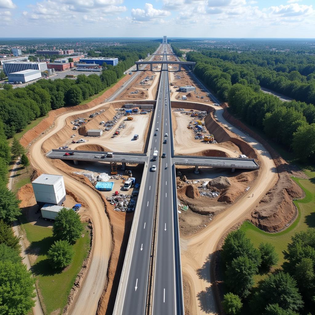 Luftbild der A3 Leverkusen Baustelle mit Überblick über die Baumaßnahmen