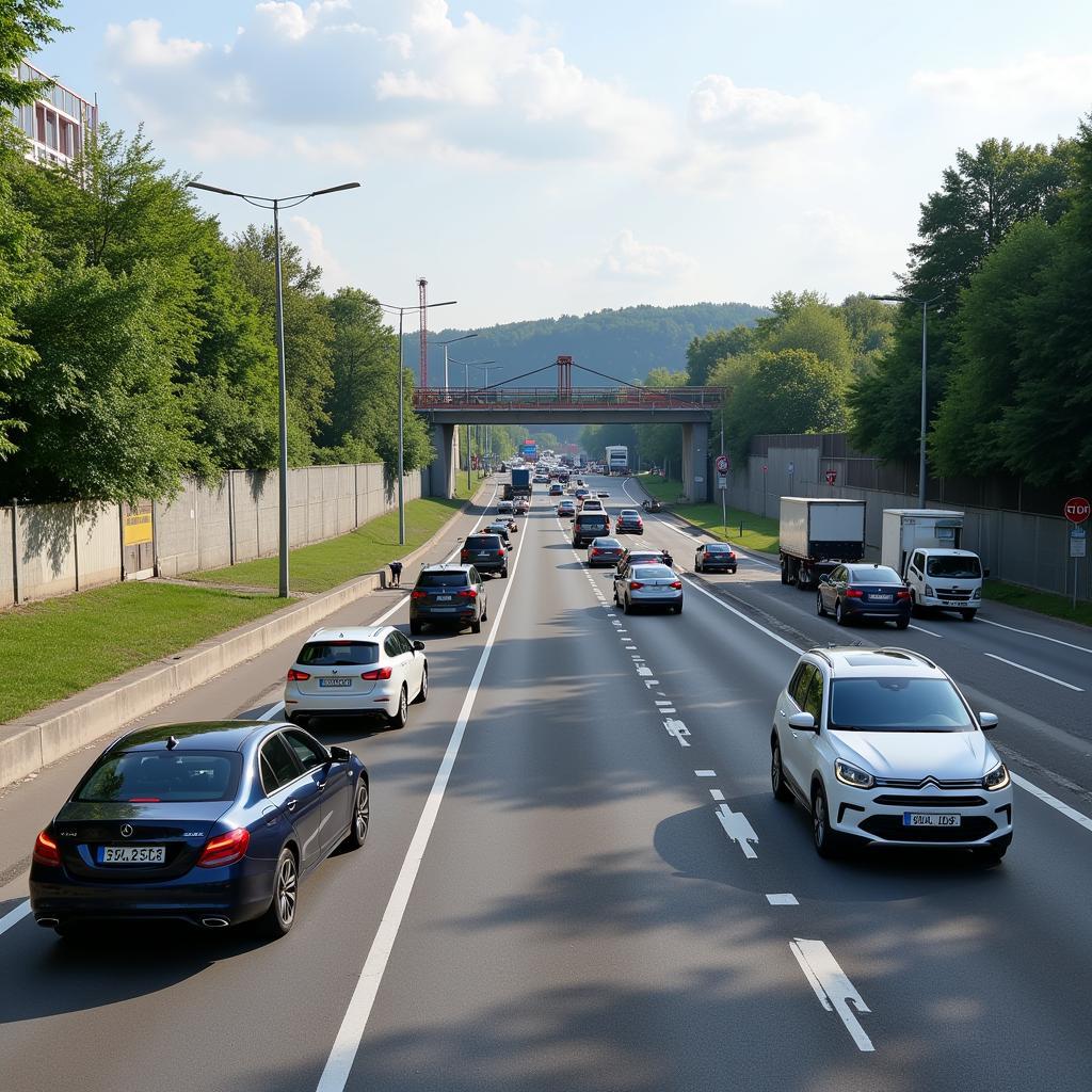 Verkehrslage auf der A3 Leverkusen Baustelle mit Stau und stockendem Verkehr