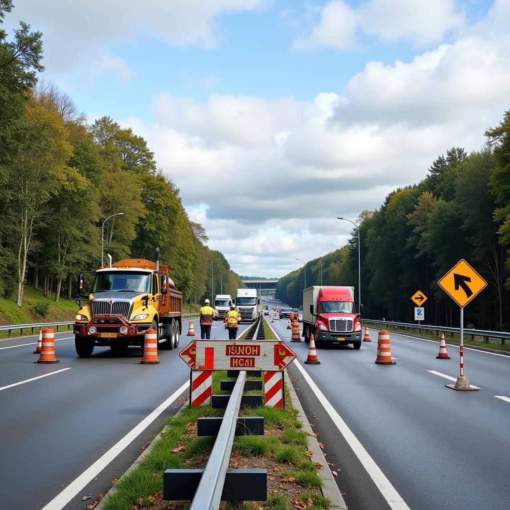 Baustelle auf der A59 bei Leverkusen