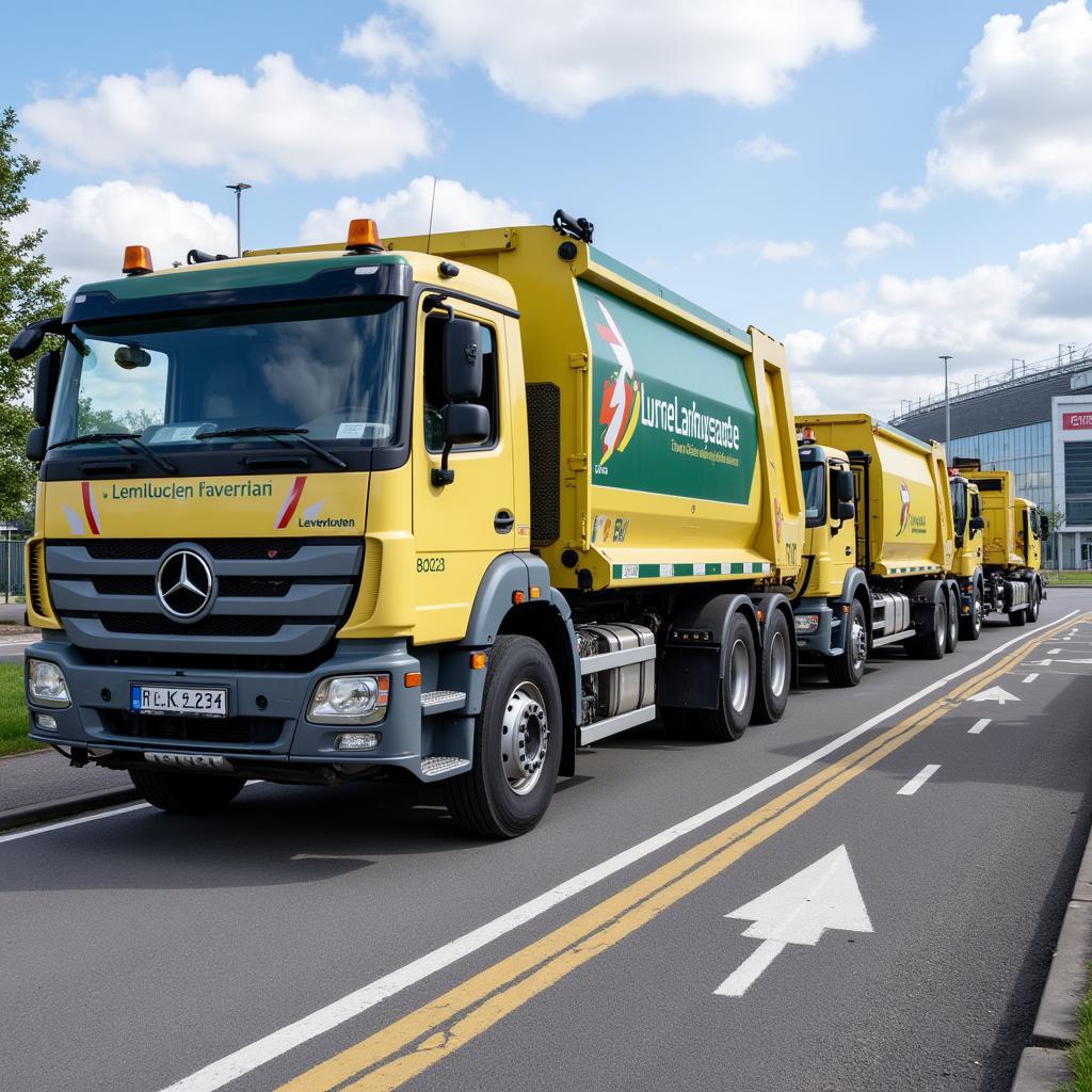 Abfalltransport von der BayArena:  Moderne Fahrzeuge der Abfallwirtschaftsbetriebe Leverkusen transportieren den sortierten Müll ab.