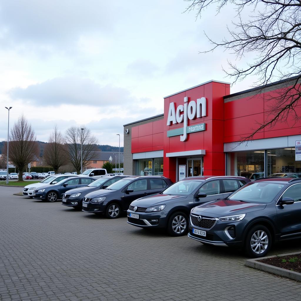 Der Parkplatz des Action Marktes in Leverkusen Opladen mit mehreren Autos.