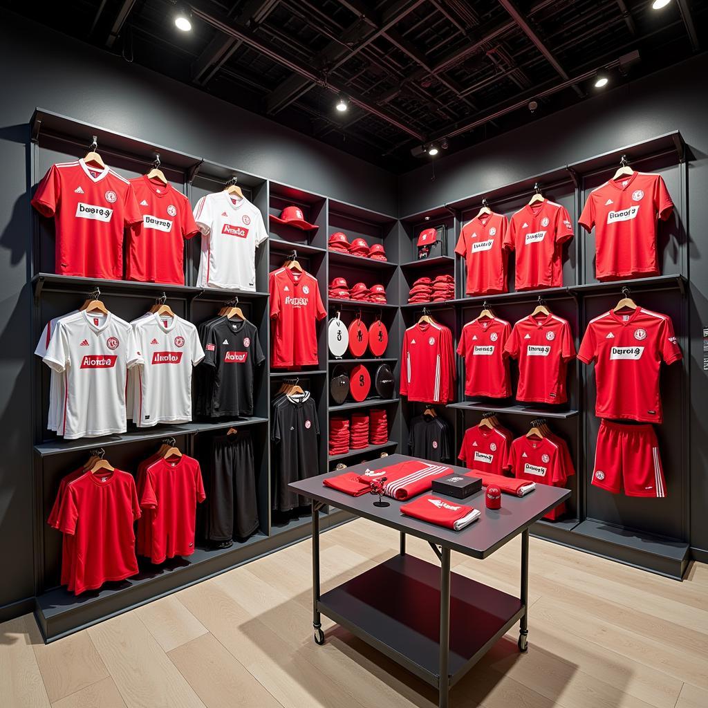 Innenansicht des adidas Store Leverkusen mit Bayer 04 Fanartikeln.