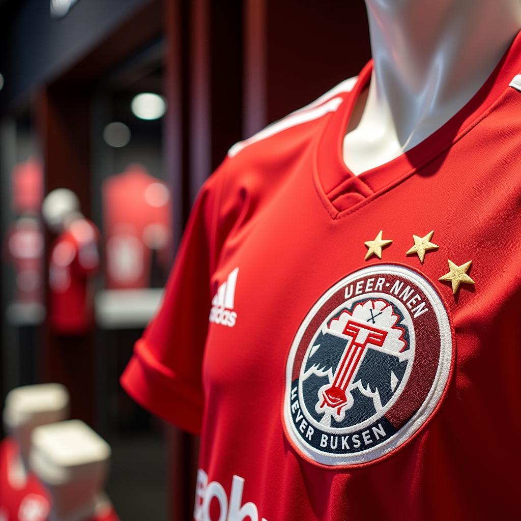 Nahaufnahme eines aktuellen Bayer 04 Leverkusen Trikots im adidas Store Leverkusen