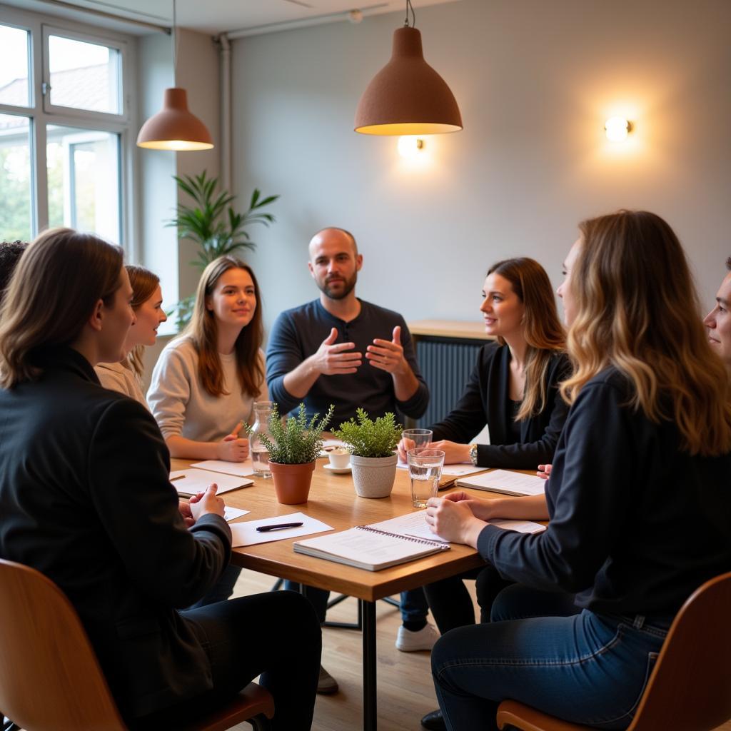 Teilnehmer einer Adipositas Selbsthilfegruppe in Leverkusen tauschen Erfahrungen und Tipps aus.