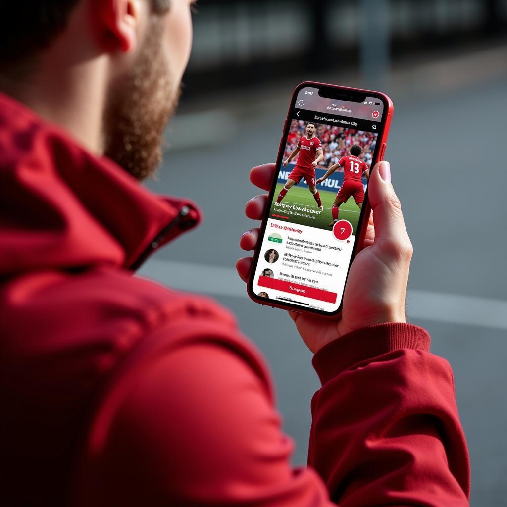 Bayer Leverkusen App: Ein Fan liest Neuigkeiten und Änderungsmitteilungen in der offiziellen App des Vereins.