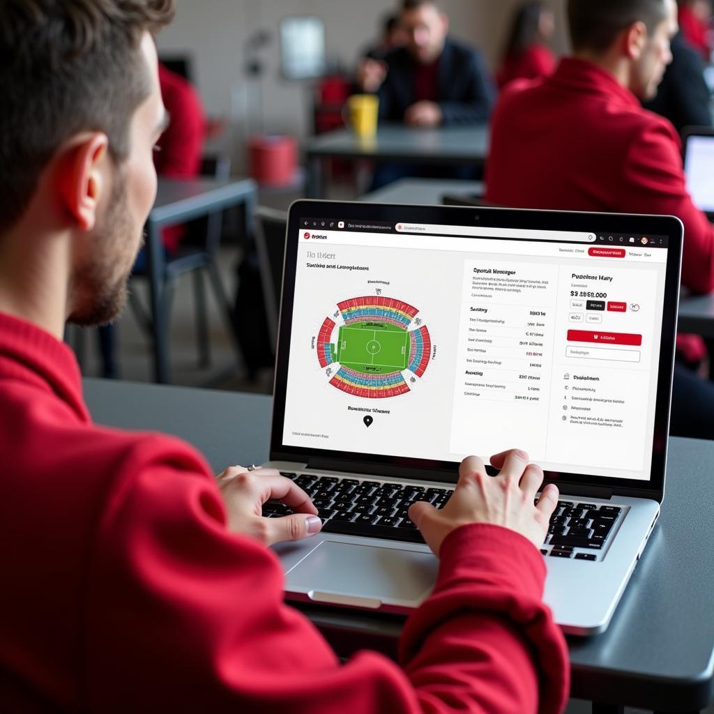 Ticketinformationen Bayer Leverkusen: Ein Fan kauft Tickets online über die Website des Vereins.