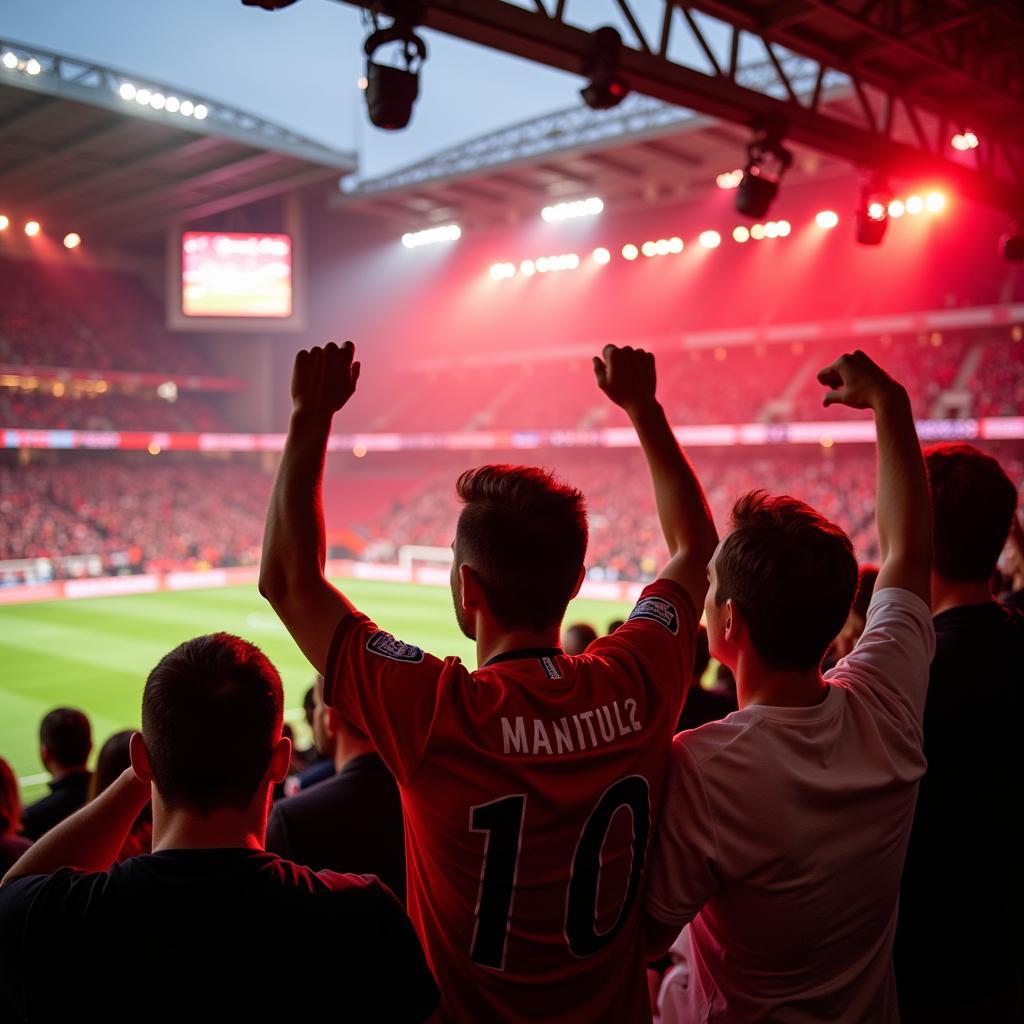 Fans von Bayer 04 Leverkusen jubeln im Stadion.