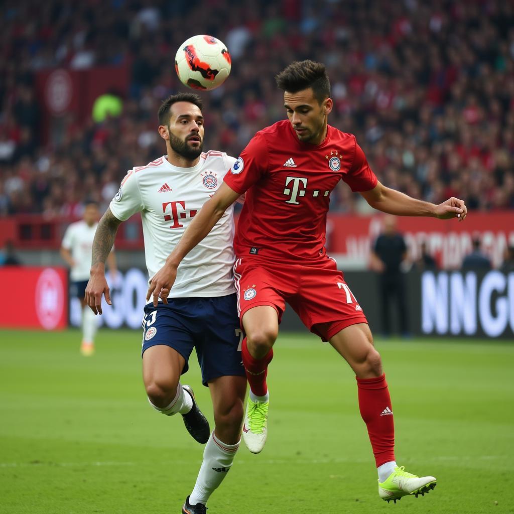 Ein Spieler von Bayer 04 Leverkusen springt in die Luft, um den Ball zu köpfen.