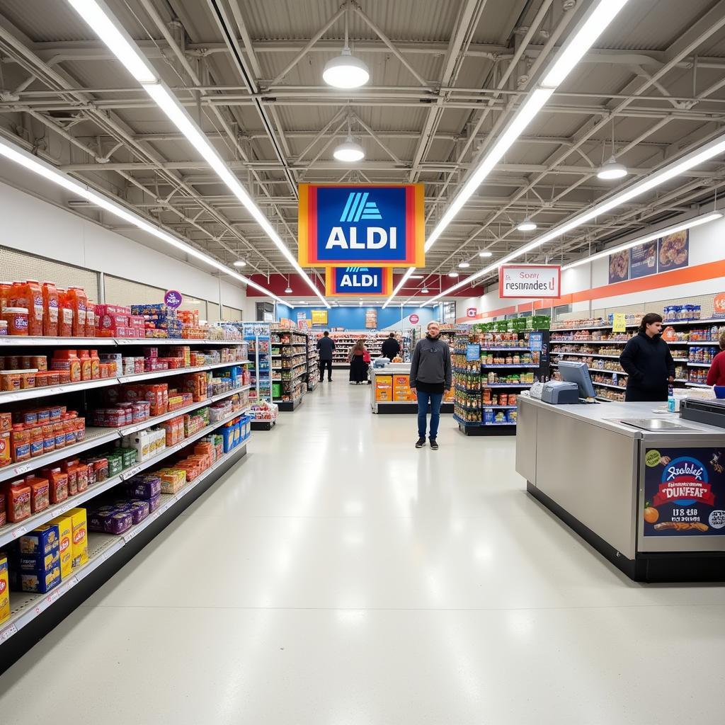 Innenansicht eines neu eröffneten Aldi-Marktes in Leverkusen.