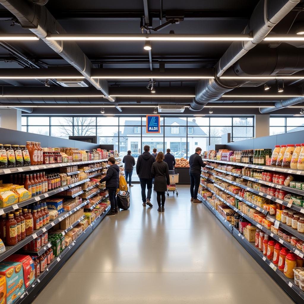 Kunden beim Einkauf im modernisierten Aldi Markt in Leverkusen.